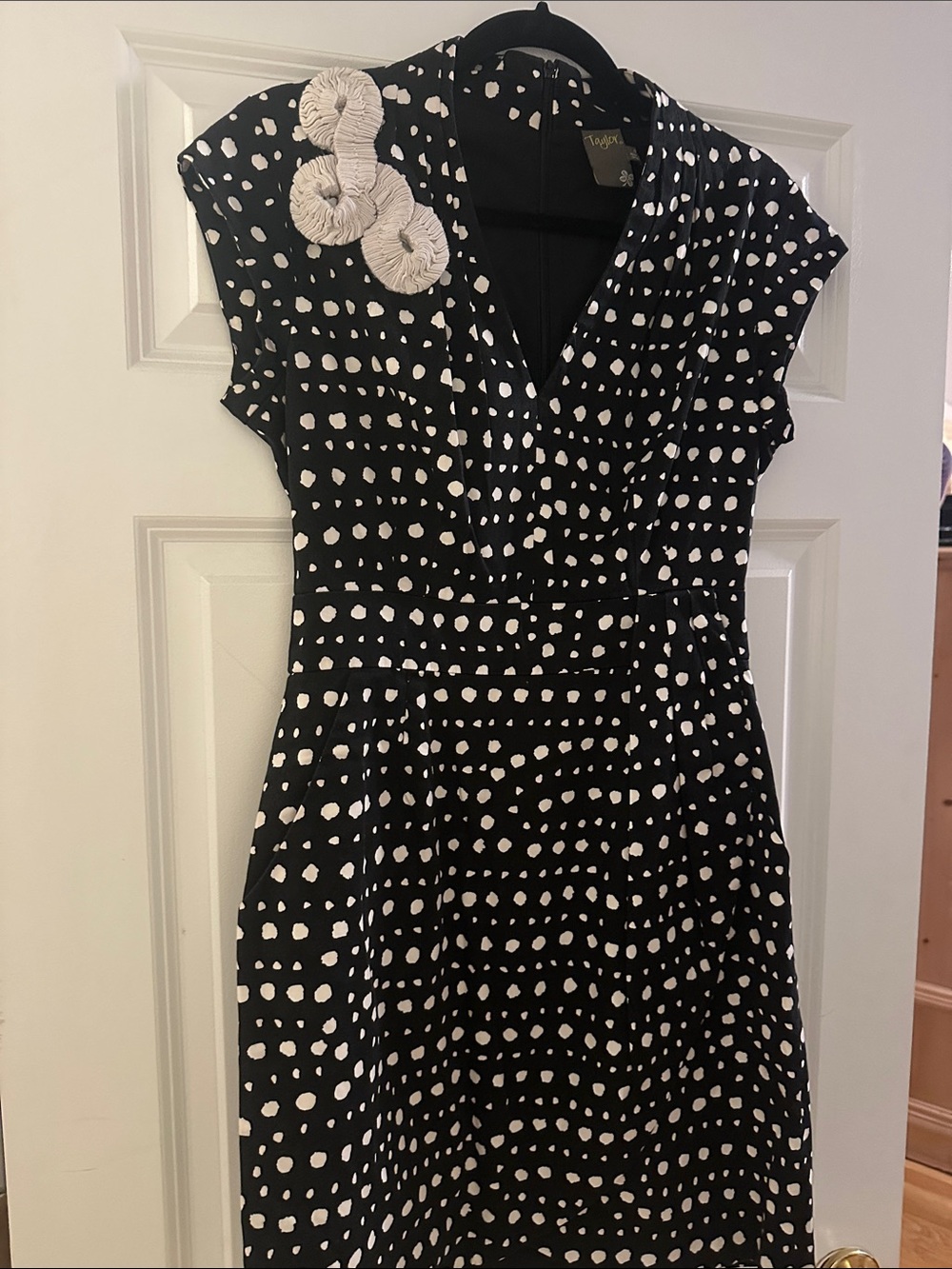 Taylor Black and White Polka Dot Formal Dress with Rosette Shoulder